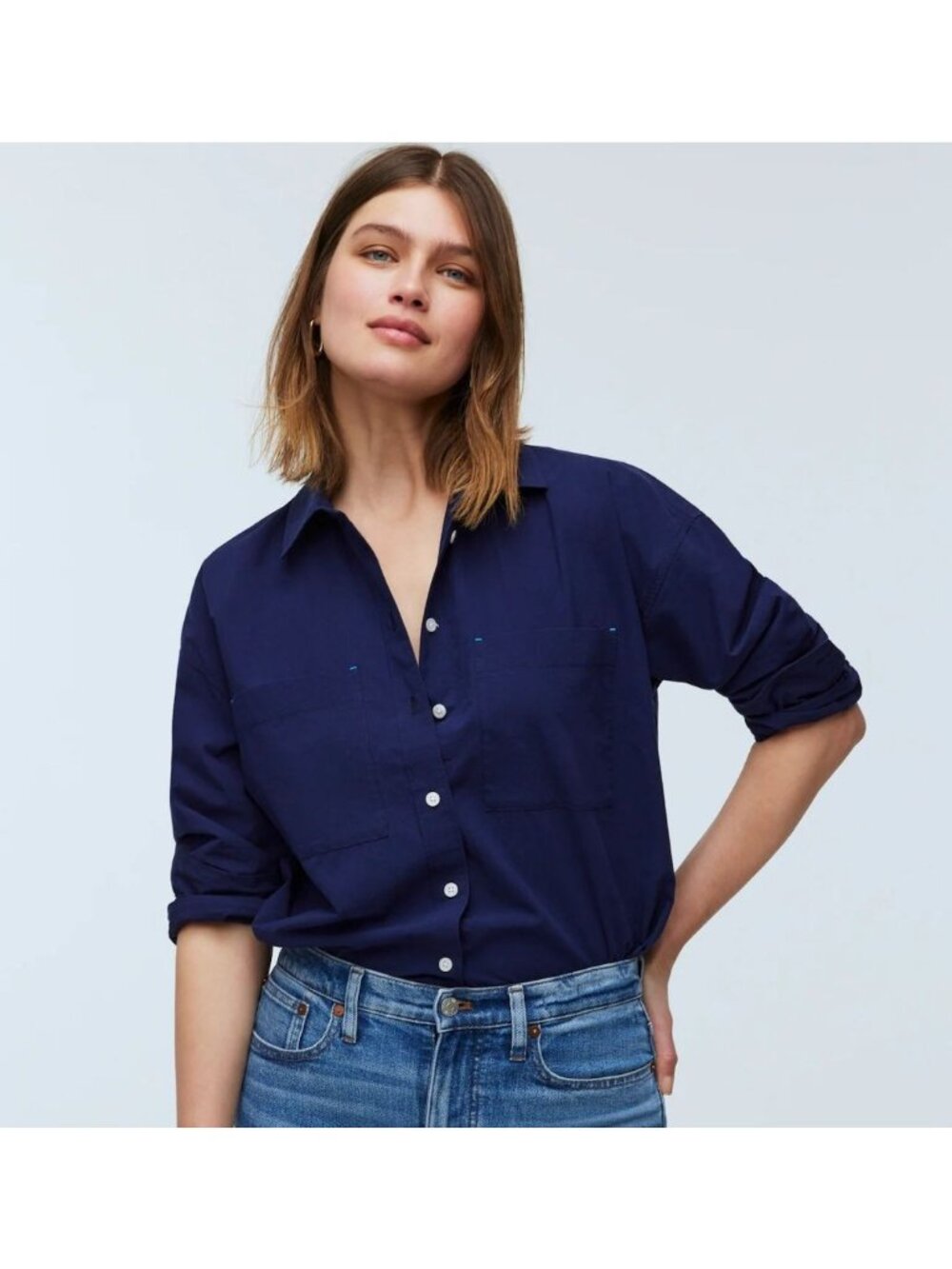 Madewell NP064 The Oversized Straight Hem Shirt Fresh Blueberry Poplin Size XS